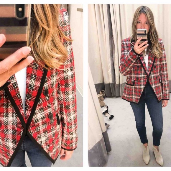 NWT $650 Veronica Beard Harriet Cutaway Red Checked Blazer Jacket - Picture 5 of 5